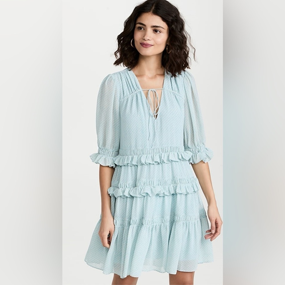 Cinq a Sept Cryssa Tiered Mini Dress Light Blue Casual Boho Party Women’s Size 6